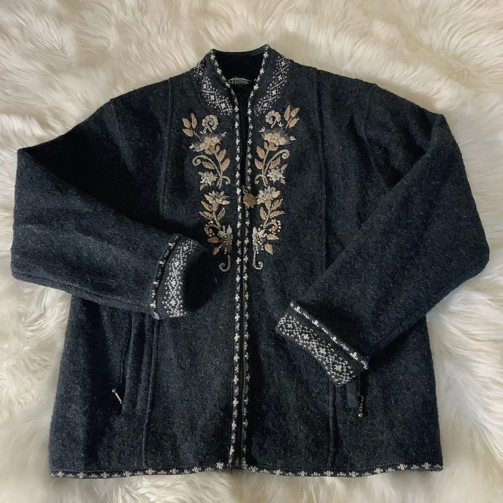 Icelandic Design 100% Wool Full Zip Fair Isle Floral Embroidered Jacket Womens M - Picture 13 of 13